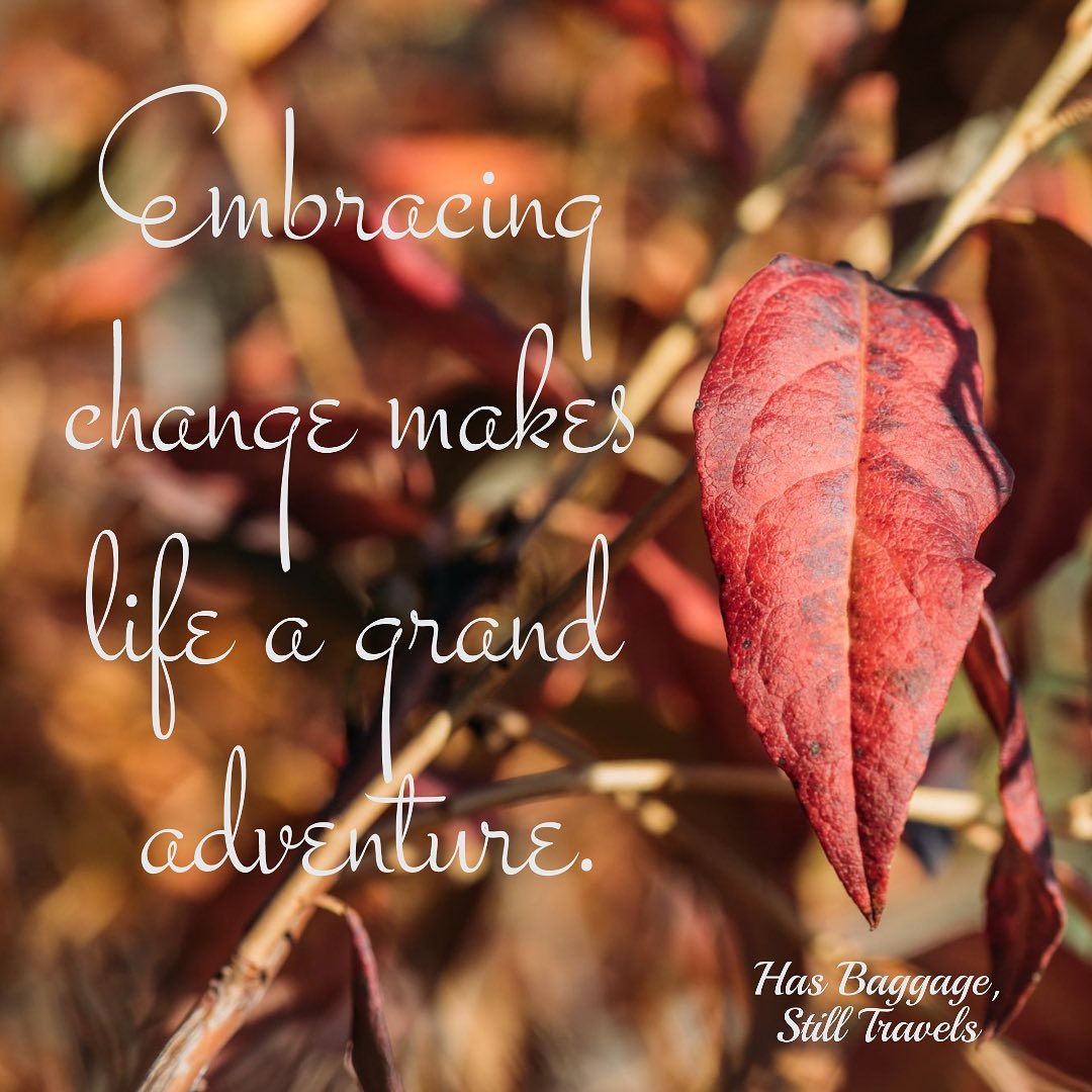 A picture of a red autumn leaf is the background for a quote that says "Embracing change makes life a grand adventure."