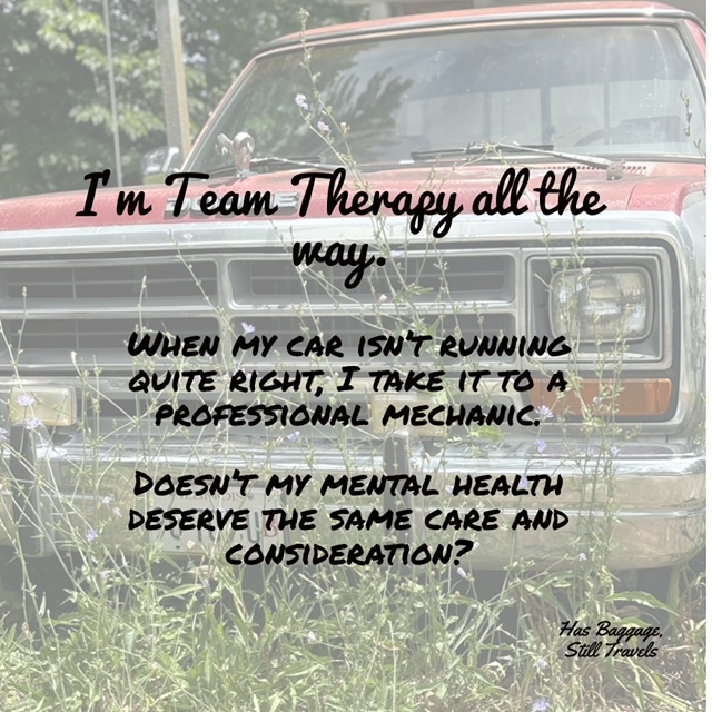 A vintage truck surrounded by tall grass is the image behind a quote about the benefit of therapy