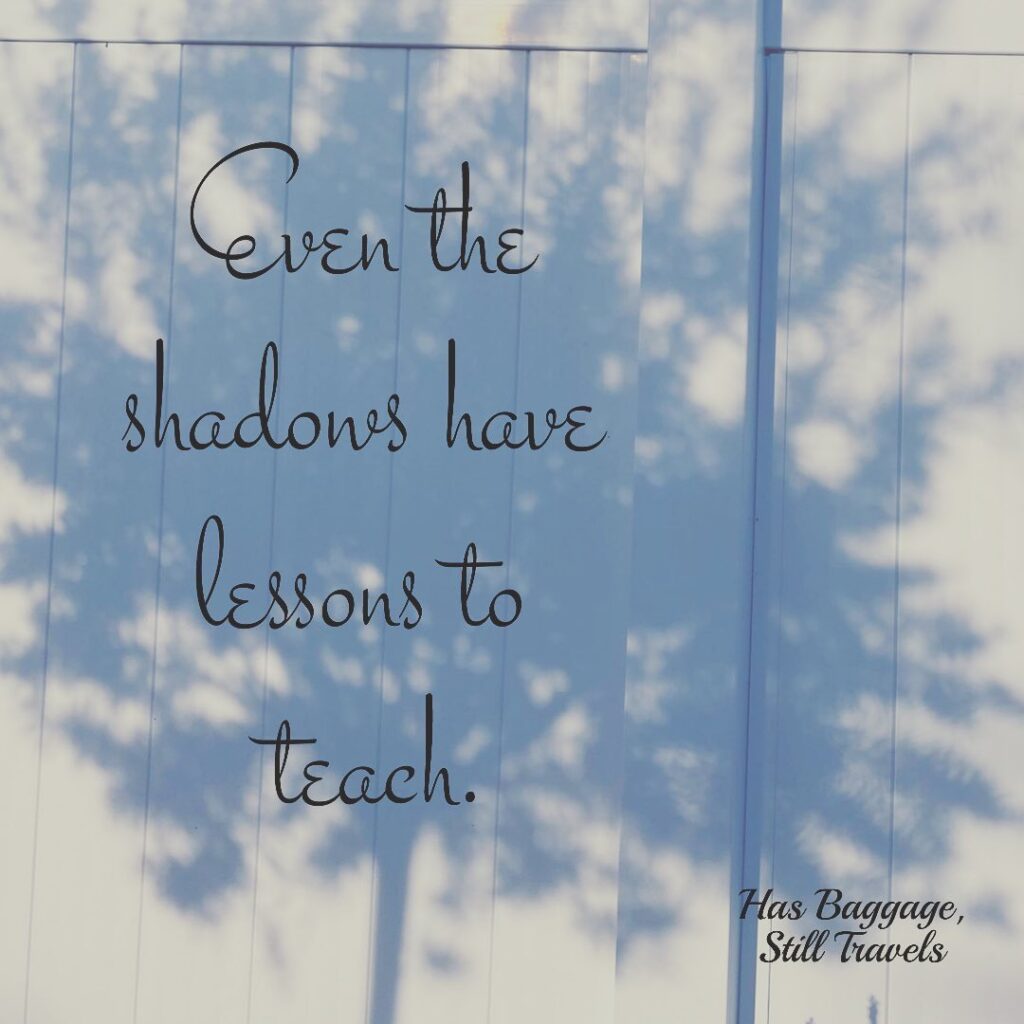 A photo of a tree shadow is the background for the motivational saying: Even the shadows have lessons to teach